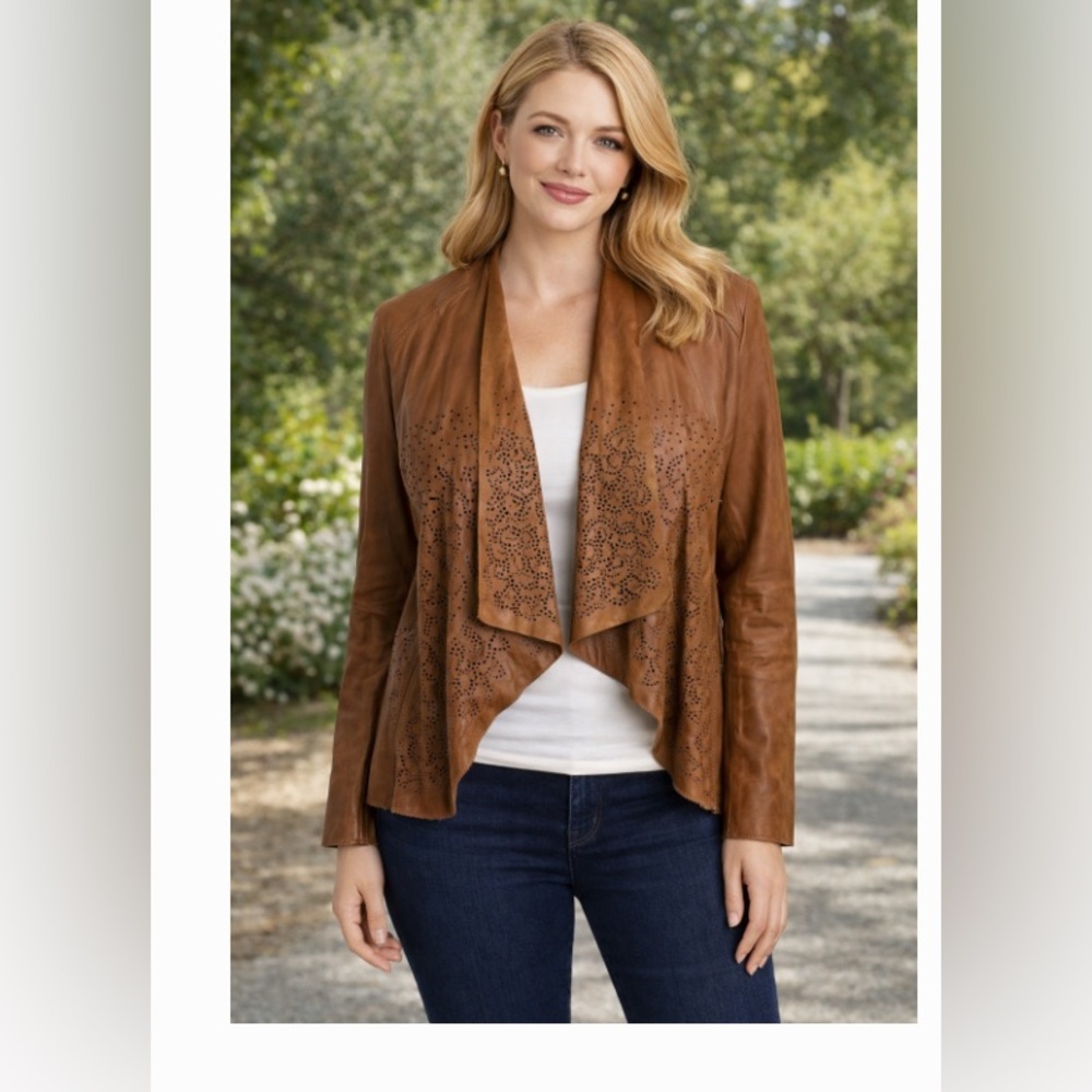 Bod and Christensen genuine leather Brown Women's Jacket with Laser Cut Design